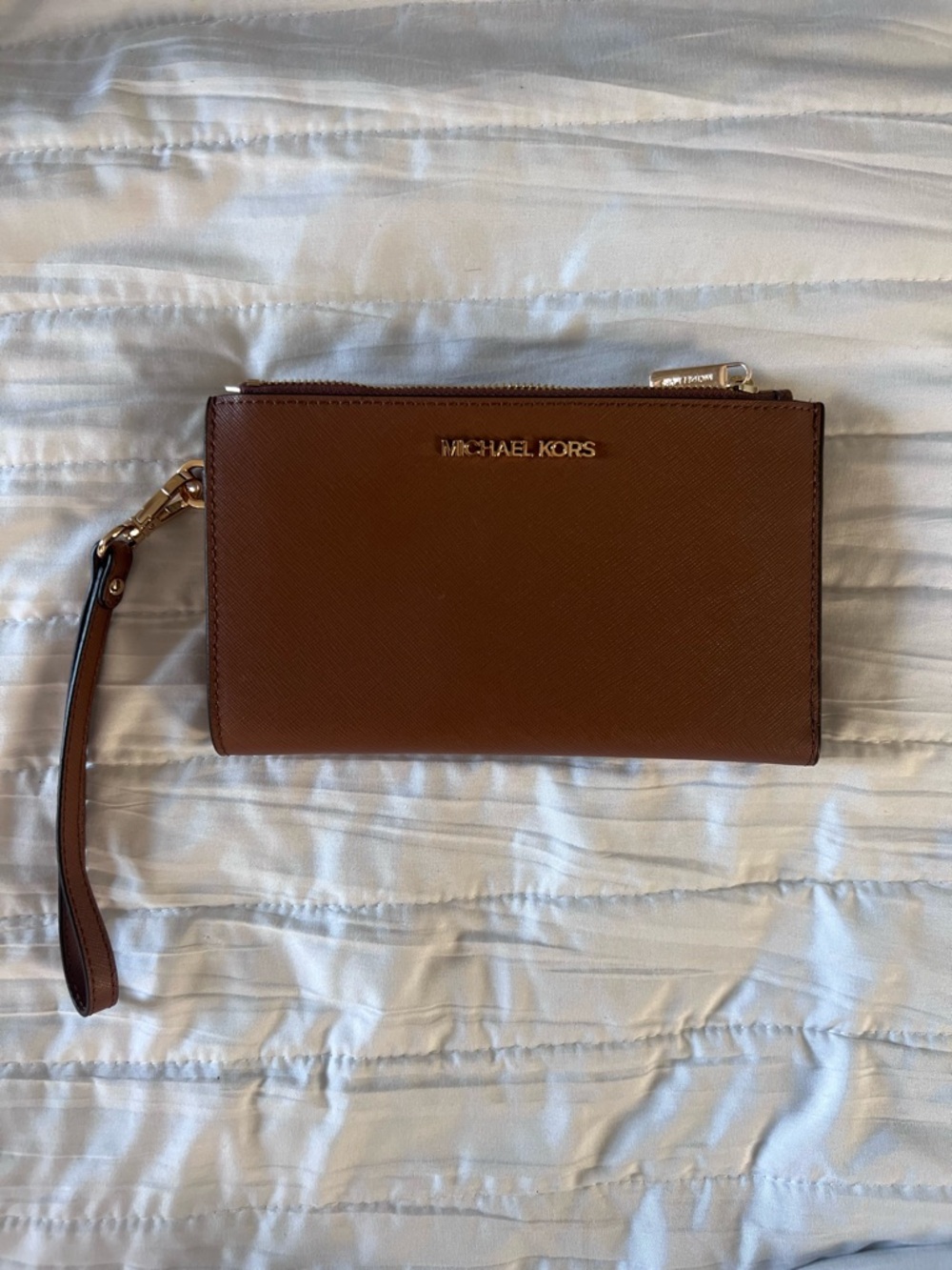 MICHAEL KORS Brown Saffiano Leather Wristlet Clutch with Removable Strap